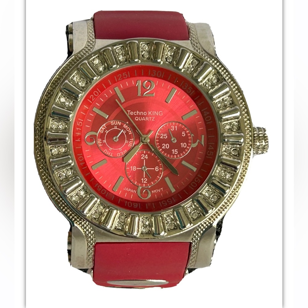 Techno King Men’s Wristwatch Red Rubber Band Sport Quartz Big Face Watch Bling